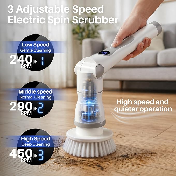 JOYMOOP Electric Spin Scrubber, 450 RPM Cordless Cleaning Brush with Power LCD Display, 9 Brush Heads Waterproof Power Scrubber with 90-Min Runtime, Adjustable Long Handle for Bathtub, Floor, Kitchen