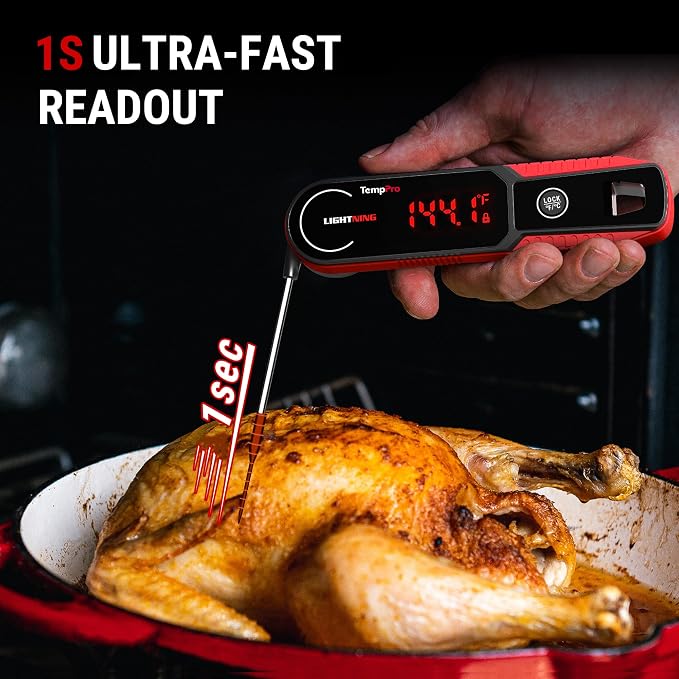 TempPro Lightning 1-Sec Instant Read Meat Thermometer, Kitchen Food Thermometer with 180° Rotating Display, IP67 Waterproof Cooking Thermometer for Deep Fry Smoker BBQ Grill (Previously ThermoPro)