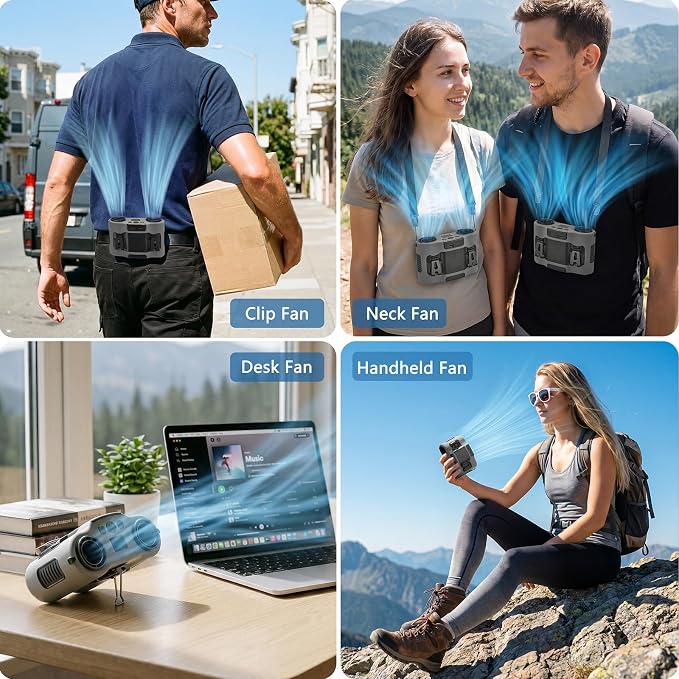 Portable Waist Fan, Rechargeable Belt Clip Fan with Dual Air Outlet, 16000RPM Airflow, Up to 40H Runtime, Hands-Free Neck & Waist Fan for Jobsite Cooling Camping Travel Outdoor (Grey)