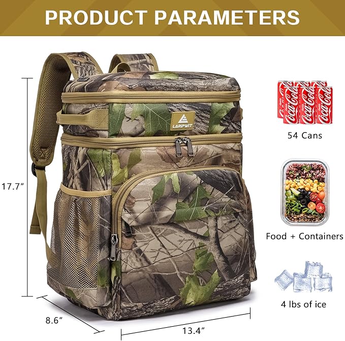 Laripwit Picnic Backpack Cooler - 54 Cans Large Soft Camo Lunch Backpack Bag Insulated Leakproof with Double Deck Compartment