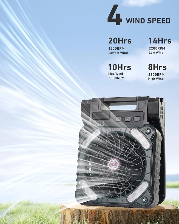 Solar Powered Fan Camping with LED Light, 10400mAh Portable Camping Fans with Solar Panel, Rechargeable Battery Operated Tent Fan for Outdoor Car RV Hurricane