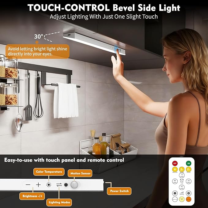 12inch 3Pack Touch Control Under Cabinet Lighting, 160LED Super Bright, 4000mAh Long-Lasting, Magnetic Rechargeable Motion Sensor Under Counter Lights for Kitchen, Closet, Remote, Dimmable, 3CC丨White