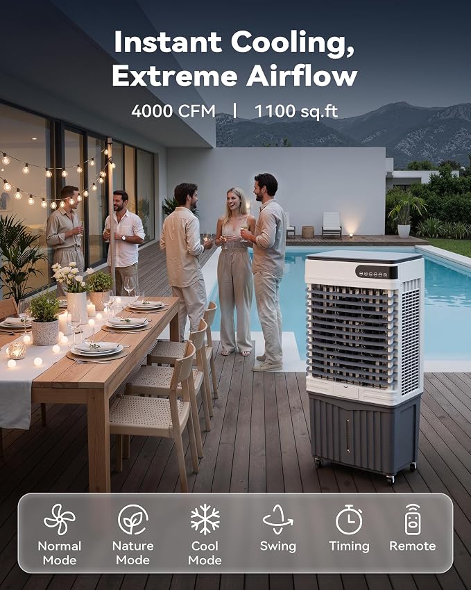 Swamp Cooler Air Conditioner, Portable Evaporative Cooler 18 Gal Water Tank | 4000 CFM, 120° Oscillation, 3 Speeds&Modes,12H Timer, Remote&Touch, 4 Ice Packs, for Garage, Large Room, Dry Climate