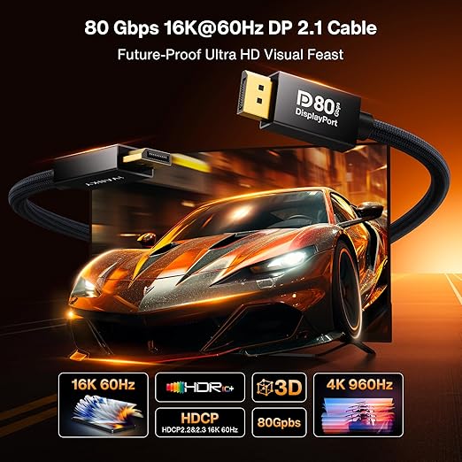 IVANKY 80Gbps VESA Certified DisplayPort Cable 2.1, 16K Display Port 2.1 Cable, [16K@60Hz,8K@240Hz,4K@540Hz 480Hz 240Hz, HDR DSC], DP80 Display Cord for Monitor, Graphics 5090 7900XTX-6.6FT