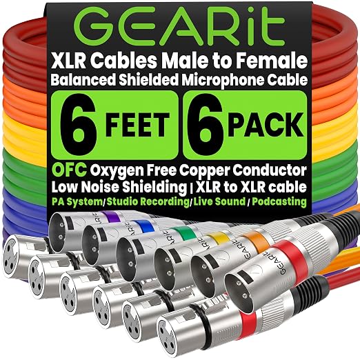 GEARit XLR Cables 6ft 6 Pack Multi Colors, XLR Male to Female Microphone Cable, Balanced Shielded Mic Cable with Copper Conductors for Recording Studio, Podcast, Stage Audio & Live Sound