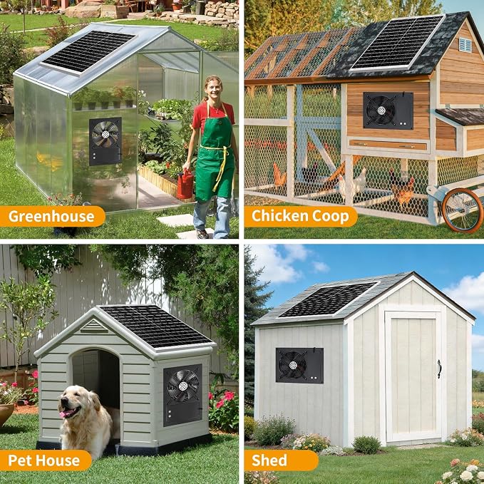 25W Solar Exhausted Fan with Battery, 2 Wind Speed, IP65 Waterproof 7.1" Solar Powered Ventilation Fan for Chicken Coop, Greenhouse, Shed and Dog House