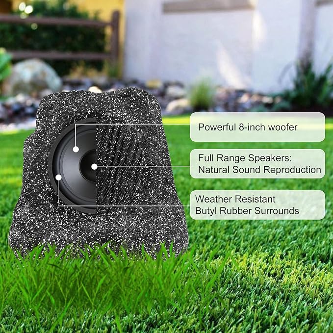 STUDIOFINIX 8" Outdoor Rock Speaker Waterproof Bluetooth Wireless Solar Powered with Rechargeable Battery for Patio, Deck, Pool, Garden(Single, Gray)