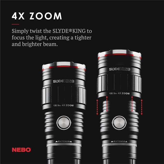 500 Lumen COB LED Work-Light and Flashlight, Red Light Mode and Red Flashing Light Mode, 4x Adjustable Zoom, Magnetic Base, No Need to Buy Batteries SLYDE KING is Rechargeable - NEBO 6726 Slyde King