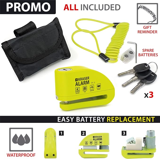 KRASER KR6Y Alarm Disc Lock, Reinforced Disc Brake Lock with 3 Keys (Others 2), Heavy Duty Anti-Theft Motorcycle with Alarm,110dB, Weather-Resistant, Reminder Cable, Pouch, Motorbike Moped E-Bike