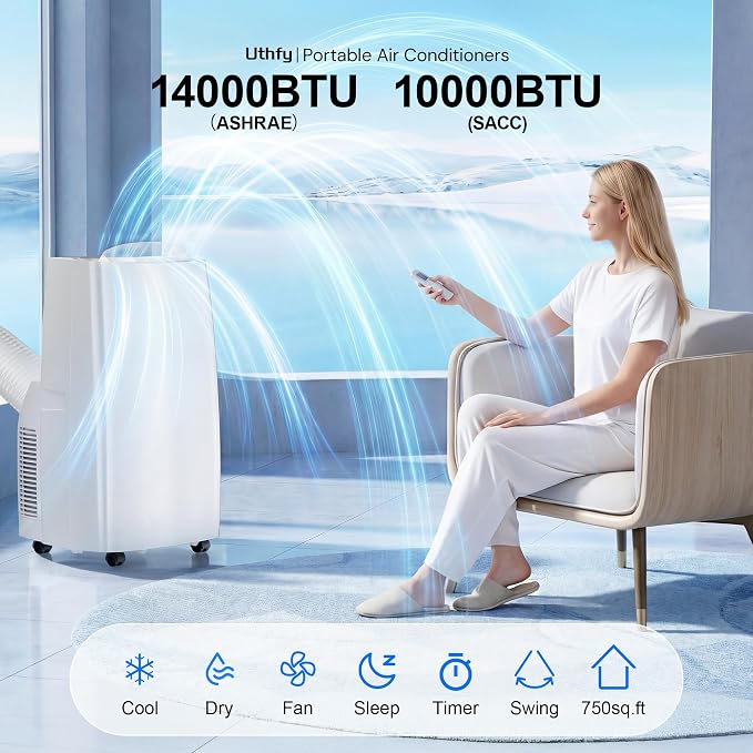 Uthfy 14,000BTU Portable Air Conditioners, 4-in-1 Function Ac Unit with Cooling, Dehumidifier,Fan and Sleep Mode, Self-evaporation, 24H Timer Auto-on/off, Cools up to 750 sq.ft, Window kits Included