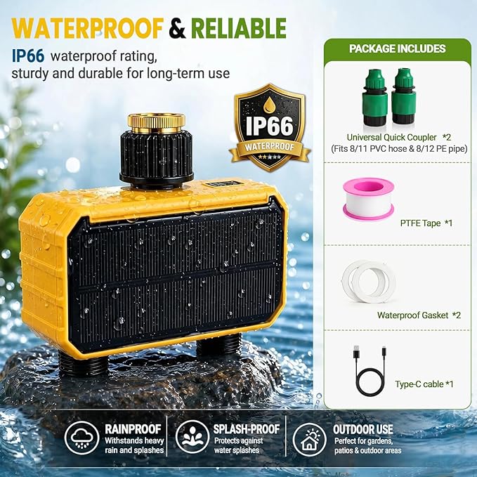 Sprinkler Timer, Solar WiFi Water Timer for Garden Hose, 2 Zone Water Sprinkler with Rain Sensor and Manual Mode via APP/Voice Control, Automatic Irrigation Control System for Lawns, Yard and Pool