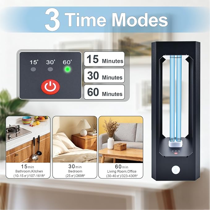 UV Light Sanitizer with Infrared Sensor and 3 Timers, 42W Excimer UVC lamp Light for Home Disinfection, Up to 300 Square FT for Germs, Virus, Mold and Dust Mites