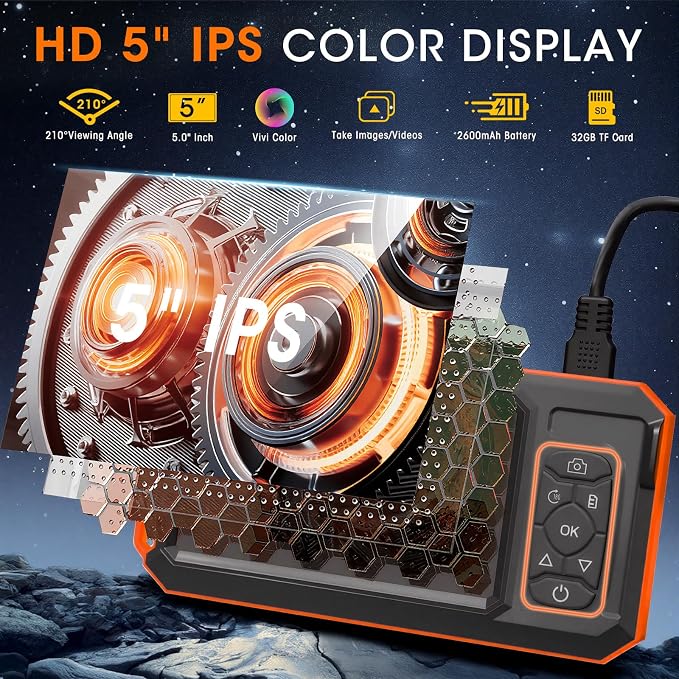 Endoscope Camera with Light, 5" IPS 1920P HD Borescope with Triple Lens, Inspection Borescope with 16.4FT Semi-Rigid Snake Cable and 32GB Card, IP67 Waterproof Drain Camera for Sewer/Pipe/Automotive