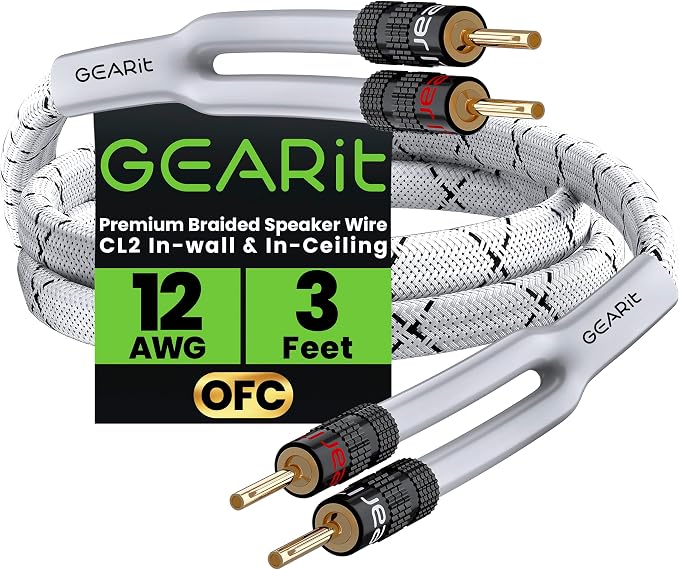 GEARit Speaker Cable with Banana Plugs White 12 Gauge 3 ft,Speaker Cable CL2 Rated 12AWG OFC,Heavy Duty Braided 12 Gauge Speaker Wire for Audiophiles,Hi-Fi Systems,Home Theater,Amplifiers & Speakers