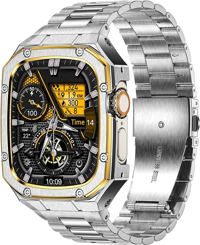 BAITEYOU Stainless Steel Watch Band with Case Compatible with Apple Watch Ultra 3 2 1 band (49mm), Rugged Strap with Metal Protective Bumper Cover for iWatch Bands Men (Silver/Gold)