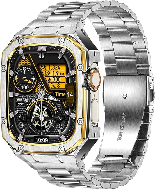 BAITEYOU Stainless Steel Watch Band with Case Compatible with Apple Watch Ultra 3 2 1 band (49mm), Rugged Strap with Metal Protective Bumper Cover for iWatch Bands Men (Silver/Gold)