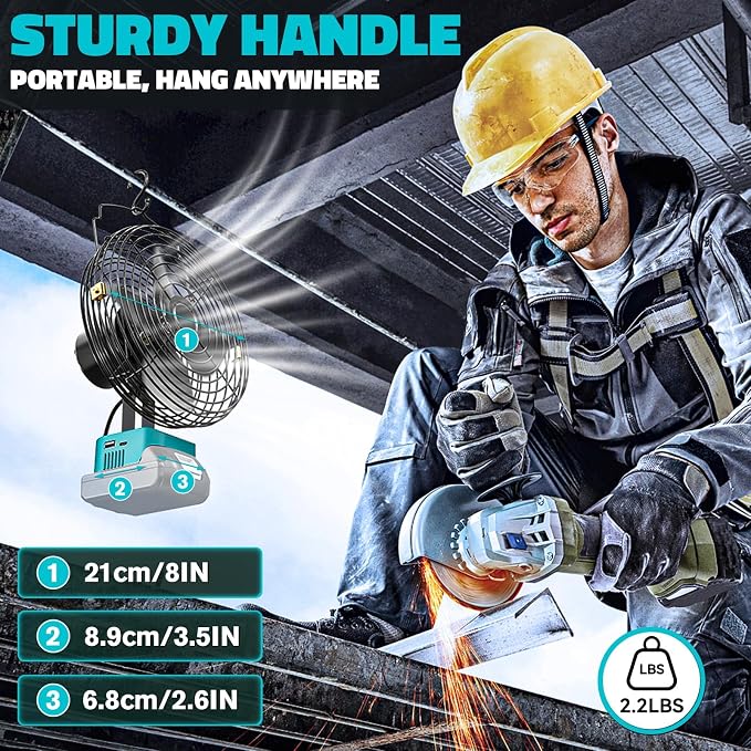 Ecarke 8 Inch Cordless Jobsite Fan Compatible with Makita 18V (Tool Only) 2-Speed Powerful Cooling Fans Portable Battery Fans for Garage Construction Jobsite Camping Fan