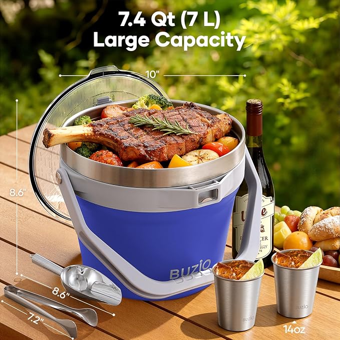 BUZIO 7 L Insulated Ice Bucket with Lid and Shoulder Strap for Parties, Double Wall Vacuum Large Bucket with Scoop, Tongs and Stainless Steel 14 oz Cups for Cocktail Bar, Purple