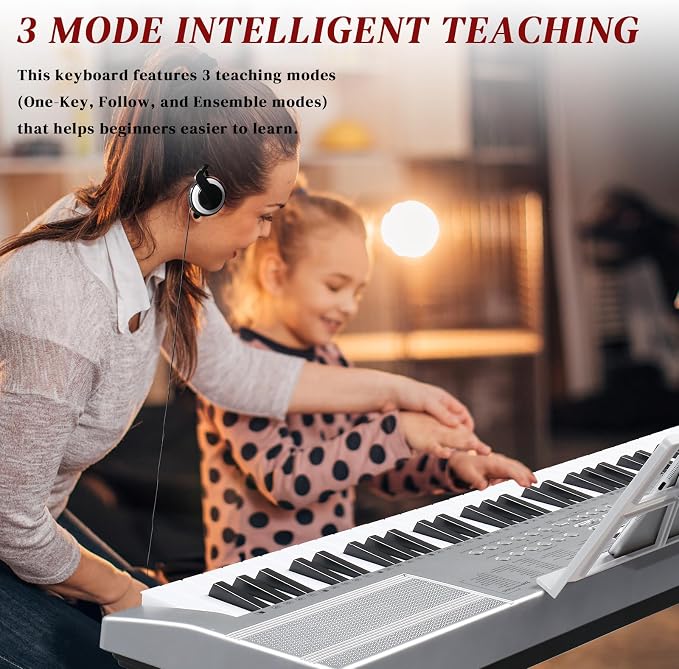 Ktaxon 61 Key Keyboard Piano Electric Keyboard w/Lighted Keys, Electric Piano Set with Headphones, Microphone, Music Rest, Power Adapter, Stand, Piano Bench and Manual (Full-Sliver)