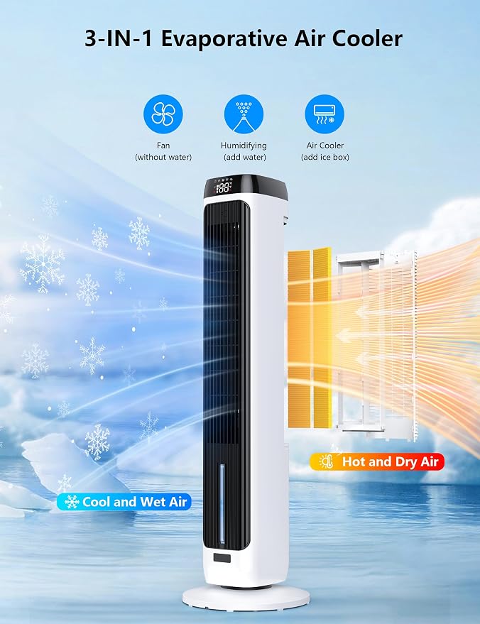 PNTCK 41" Evaporative Air Cooler, Bladeless Tower Fan Cooling Fan with 3 Speeds & 5 Modes, Ice Packs, 12H Timer, Remote, 80° Oscillating, 3-IN-1 Swamp Cooler for Bedroom Office Large Room