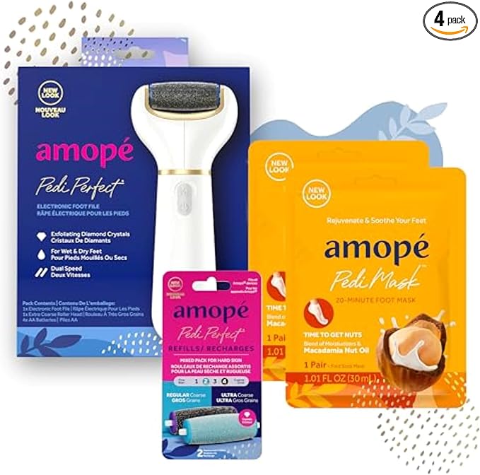 Amopé Pedicure Value Kit, Spa Pampering Pack, Self-Care & Relaxation Gift, contains Pedi Perfect Electric Callus Remover Foot File, 2 Macadamia Oil PediMask Foot Masks, 2 Roller Heads – 4 pieces