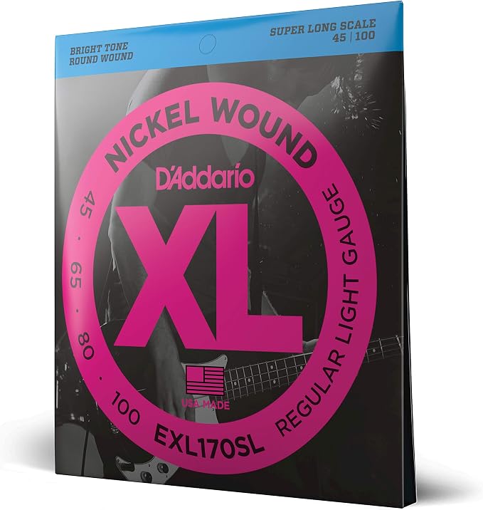 D'Addario Electric Bass Guitar Strings, XL Nickel, EXL170SL, Regular Light Gauge 45-100, Super Long Scale, 4-String Set, Pack of 1