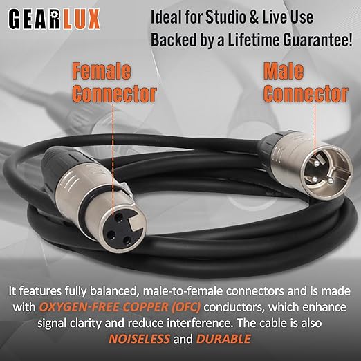 Gearlux XLR Microphone Cable, Fully Balanced, Male to Female, 6 Feet - 2 Pack