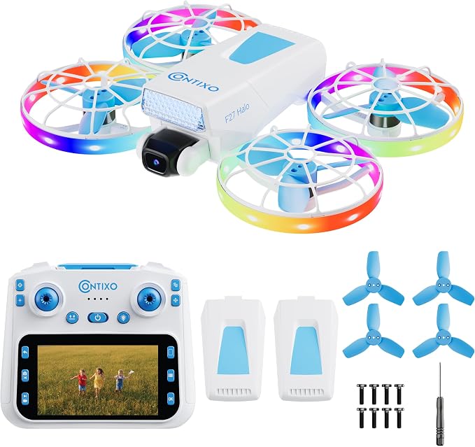 Contixo F27 Halo Mini Foldable Drone with 4.3" Screen Remote – 720P HD Dual Camera, LED Lights, Optical Flow Hover, One-Key Takeoff/Landing, 360° Stunts, 350 ft Range, Beginner Drone
