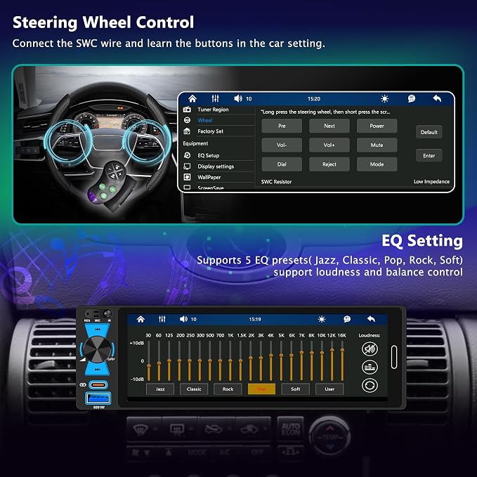 6.5" Single Din Touchscreen Radio with Wireless Apple CarPlay & Android Auto, FM/AM,Car Stereo with Bluetooth 5.2, 180W Audio, 20-Band EQ,USB/Type-C,Mirror Link,External Mic,8-LED Backup Camera,SWC