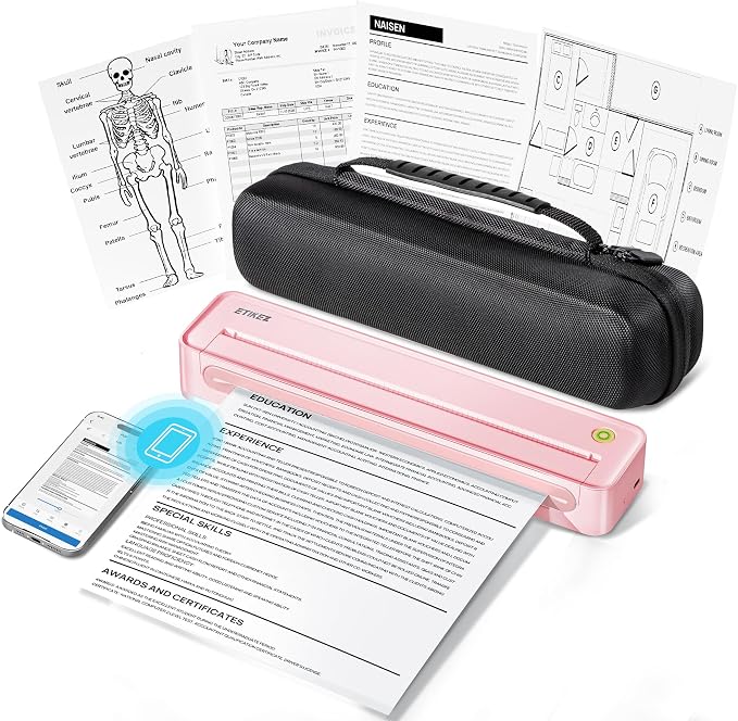 D90E Inkless Portable Printer for Travel, Supports 8.5 x 11 Inch Thermal Paper Wireless Thermal Printer Bluetooth, with Travel Case & 10 Sheets for Students, Office, School, Pink