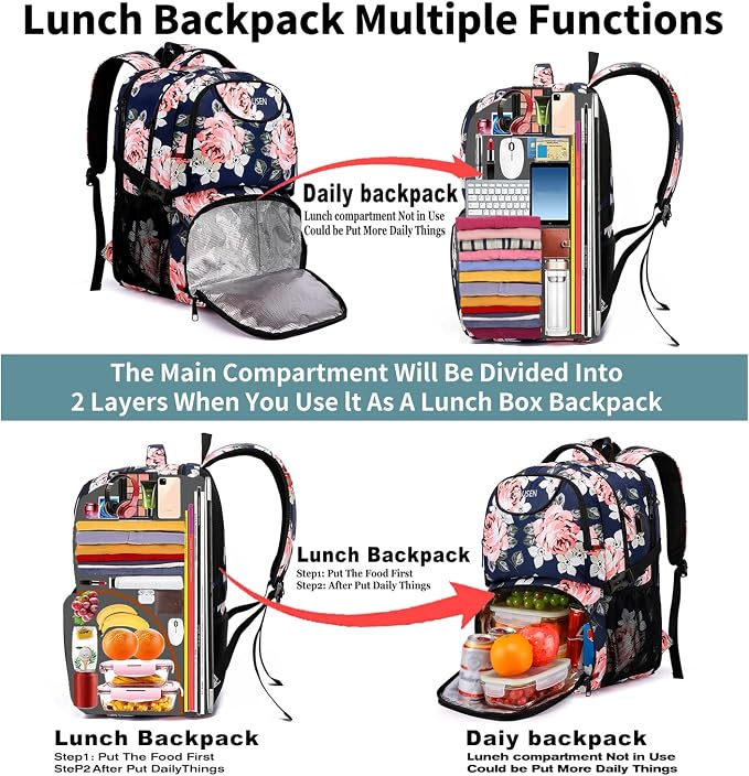 HILUSEN Lunch Cooler Backpack for Women, Extra Large 17 inch Travel Laptop Backpack with USB Charging Port, Water Resistant