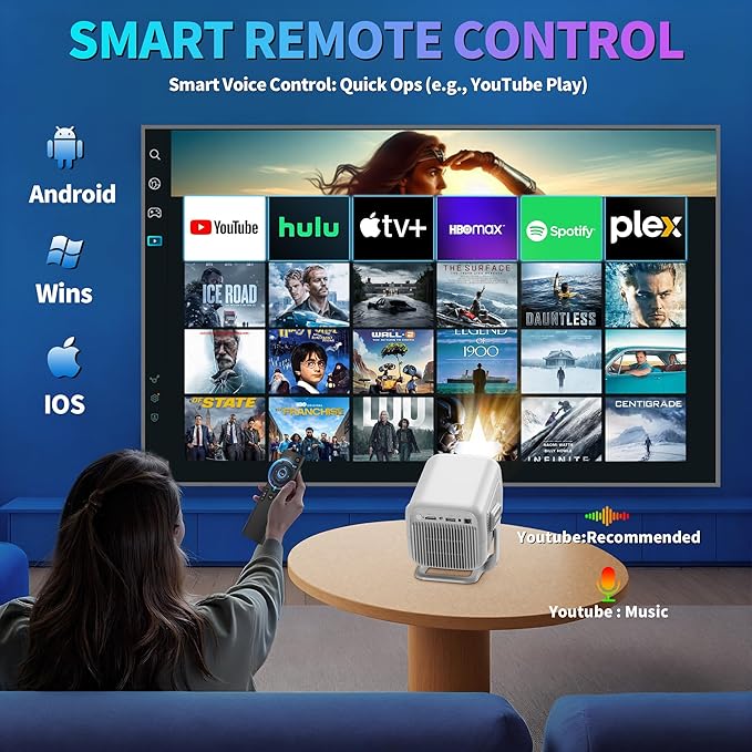 [Auto Focus & 2026 Upgraded] Mini Projector 1080P FHD Support 4K Portable Projector with WiFi6 and Bluetooth5.4 Built-in App 180° Adjustable Auto Keystone, Compatible with HDMI/Laptop/USB, White