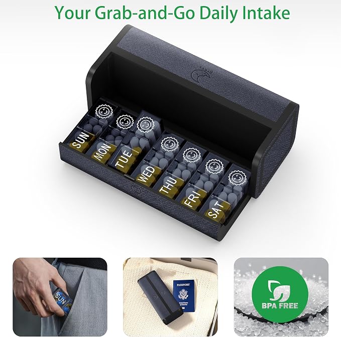 Pill Organizer 7 Day AM PM, Discreet 2 Times a Day Weekly Pill Box with Double Protection Shell, Large Capacity Portable Vitamin Case for Travel Meds & Medicine Organizer (Silver-Black)