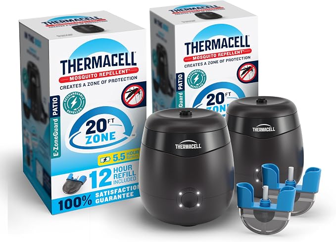 Thermacell E-ZoneGuard Patio Rechargeable Two Mosquito Repeller Value Pack; 20-Foot Zone of Scientifically Proven Outdoor Protection; 5.5-Hr Battery; 24 Hrs of Refill; Bug Spray Alternative; DEET-free