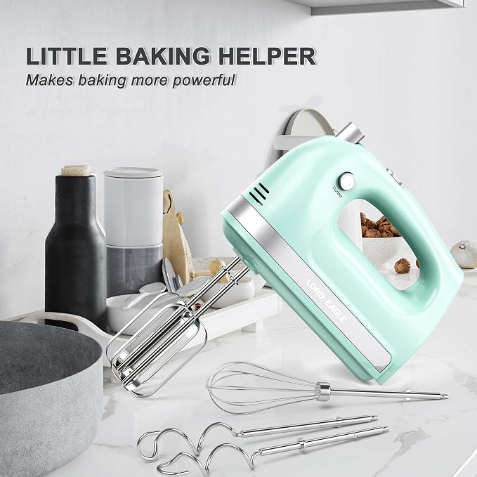 Lord Eagle Hand Mixer Electric Handheld 400W, 5-Speed Lightweight Kitchen Mixer with Storage Case, 5 Stainless Steel Attachments for Baking Cake Egg Cream Food Beater, Turbo+Eject Button, Green