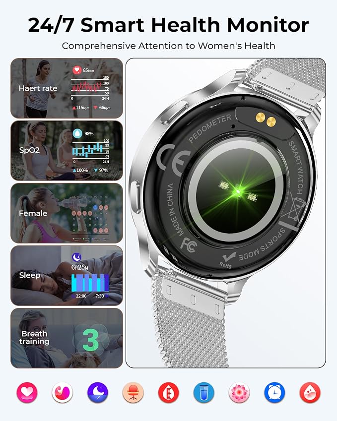 Smart Watch for Women, 1.27" HD Fitness Tracker with 4 Bands & Necklace Gift Set, Heart Rate SpO2 Sleep Monitor, 120+ Sport Modes, Call & Notifications, Smartwatch for Android iPhone, 40mm Silver