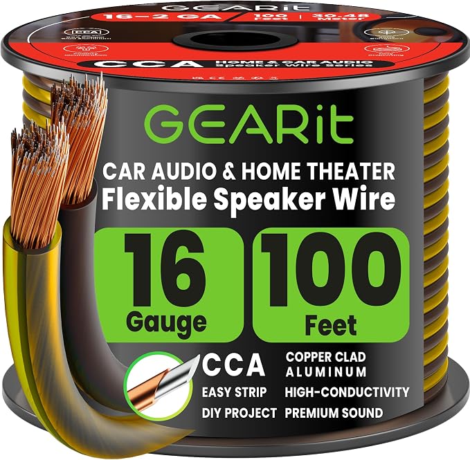 GEARit 16 Gauge Speaker Wire 100 ft,16 Gauge Wire with Foot Markers & Polarity Markings,Flexible Speaker Cable for Car Audio & Home Theater Speakers,Audio Cable for DIY Installations,CCA(Black Yellow)