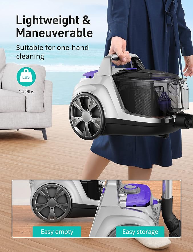Aspiron Canister Vacuum Cleaner, 40Kpa Bagless Vacuum Cleaners, 4QT Large Dust Cup, Double HEPA Filter, Retractable Cord, 1600W Lightweight Vacuum Cleaner with 5 Tools for Hard Floors, Silver