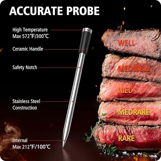 BFOUR Wireless Meat Thermometer with 2 Probes, 328FT Bluetooth Grill Meat Thermometer Digital Wireless with LCD Screen for Grilling and Smoker BBQ Oven Grill