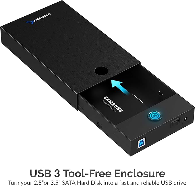 SABRENT USB 3.0 (USB-A) Enclosure for 2.5" & 3.5" SATA HDD/SSD – Tool-Free, UASP, LED Indicator, Plug & Play, 12V Power Adapter & Cable Included – External Hard Drive Case for Windows/macOS/Linux