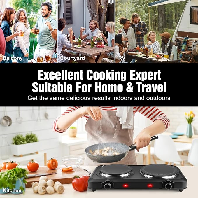 2000W Hot Plate,Portable Electric Stove Countertop Double Burner Infrared Burner with 7.5” & 6.3” Ceramic Glass Cooktop Stepless Temperature Adjustments for Home RV Camp