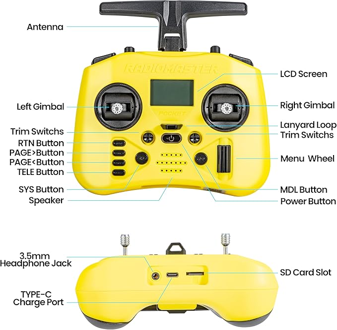 Radiomaster Pocket ELRS Remote Controller Portable Hall Gimbal EdgeTX 2.10.5 Transmitter with LED Light for FPV Drone/RC Helicopter&Car Boats&Multirotor (Battery Not Included)