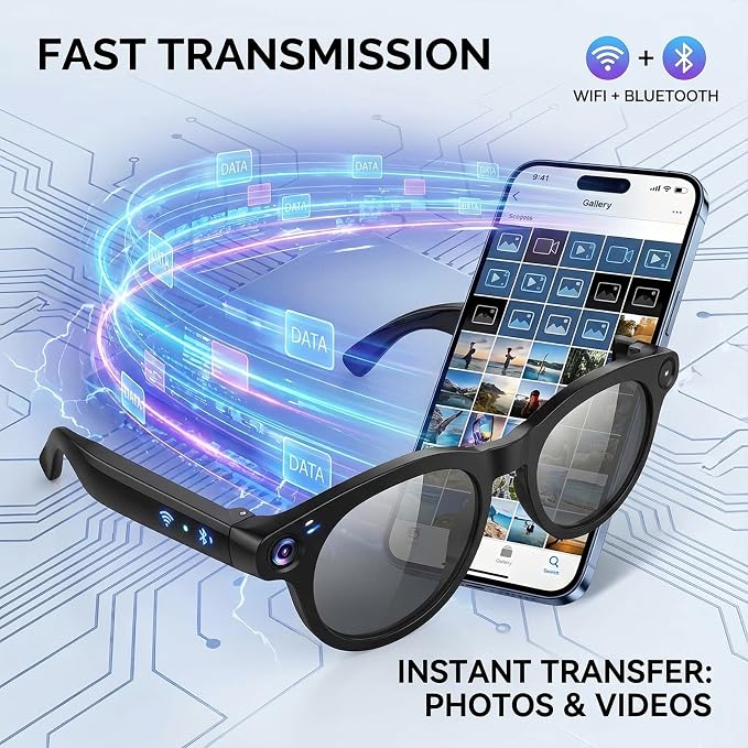 AI Smart Glasses with Camera, 8MP HD Video, Real-Time Translation | Photo Capture,Object Recognition,300 mAh Battery,80min Video Time,Open-Ear Music, Bluetooth Calls, AI Assistant