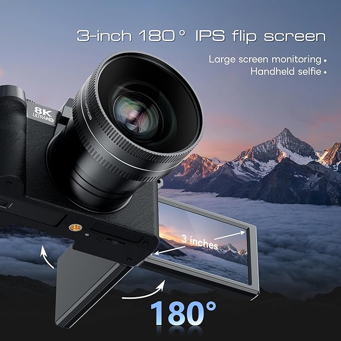 G-Anica 8K Digital Cameras for Photography with Dual-Lens, 64MP WiFi Vlogging Point and Shoot Camera Kit with 180° Flip Screen, 16X Zoom, 64GB Card, Portable Camera for Beginners, Teens, 2 Batteries