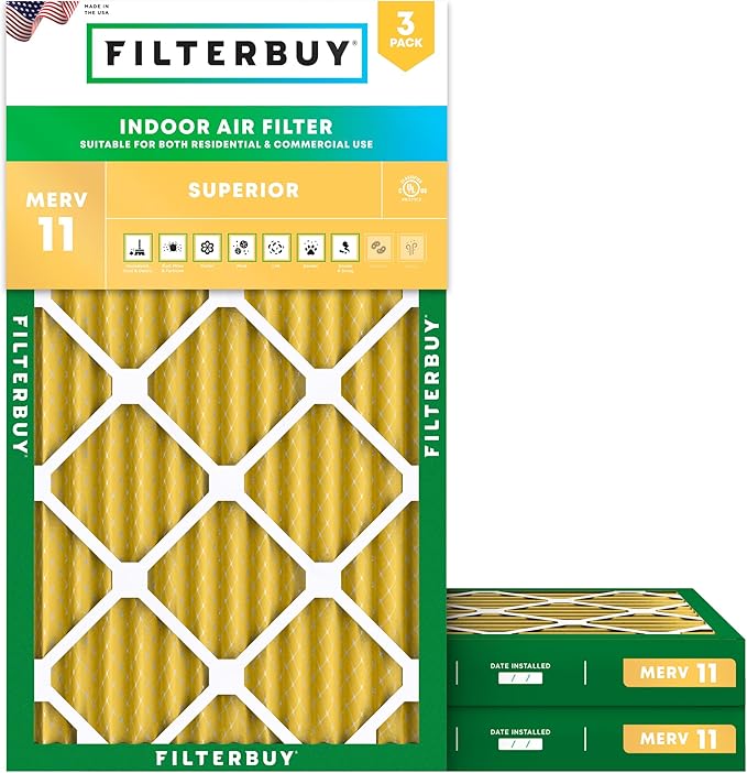 Filterbuy 16x25x2 Air Filter MERV 11 Superior Pet & Allergy Defense (3-Pack), Electrostatic Pleated HVAC AC Furnace Filters Replacement, Made in USA (Actual Size: 15.50 x 24.50 x 1.75)