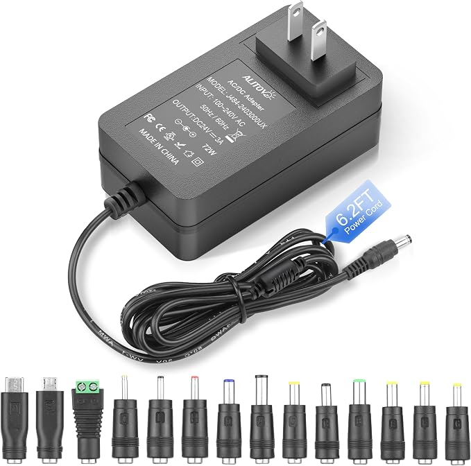 ALITOVE 24V Power Supply 3A 72W 24 Volt Transformer AC/DC Adapter 100-240V 50-60Hz to DC24V 3 Amp 2A 1A Converter 6.2FT DC Power Cord with 14 Tips for LED Strip Light CCTV Camera System Pump Router