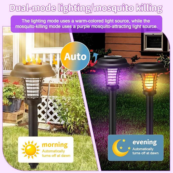 4 Pcs Solar Bug Zapper Outdoor Waterproof Mosquito Repellent Light Solar Power Fly Killer Lamps for Moths, Gnats, Fly, Small Flying Insect Backyard Garden Lawn (Plastic,Purple & Flame Light)