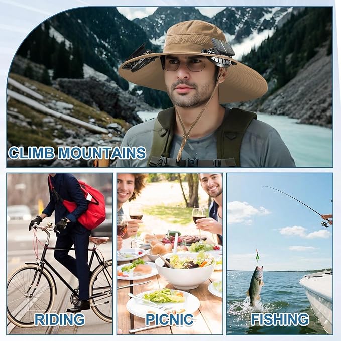 Solar Fan Hat for Men - Wide Brim Cooling Hat with 2 Built-in Solar & USB Rechargeable Fans for Fishing Hiking