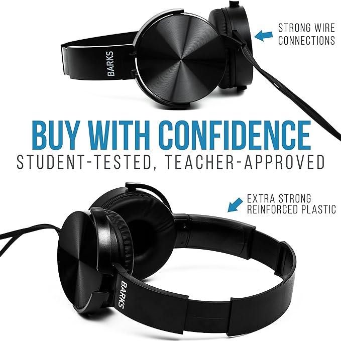 Barks Classroom Headphones Bulk 10 Pack (Select Black, On-Ear, Wired 3.5mm) | Durable Everyday Student Use, Tangle-Free Cords, Adjustable Fit All-Day Comfort, Clear Sound, Easy Clean, K-12 School Testing