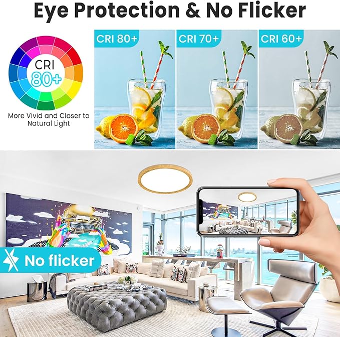 libtit 12Inch 28W Wood LED Flush Mount Ceiling Light, 3200lm Brightness, Adjustable 3000K-6500K Color Temp | Round Lamp for Bathroom/Shower/Hallway/Kitchen, 1 Pack